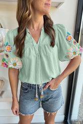 Clearly Aqua Floral Embroidered Puff Sleeve Split Neck Blouse